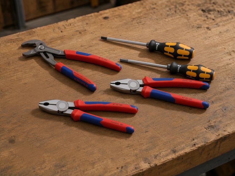 Knipex and Wera tools on a workbench